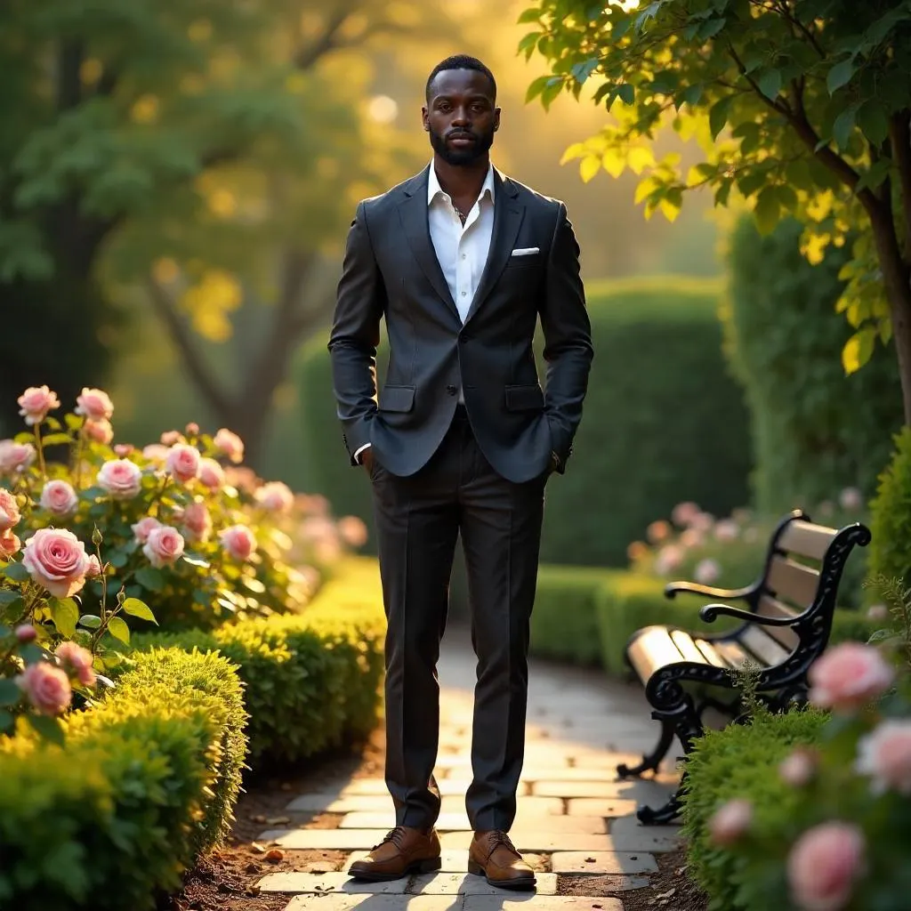 Stylish Black Man in a Lush Garden