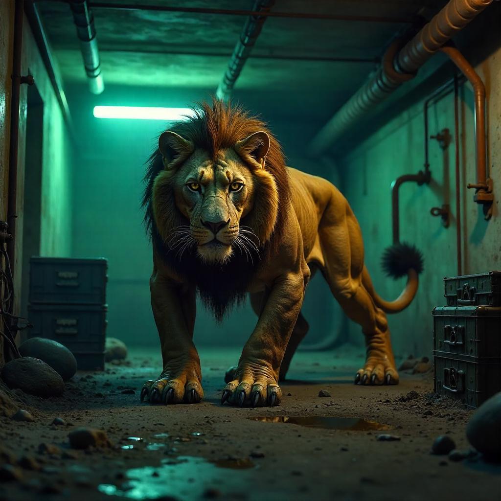 Photorealistic Manticore in a Dim Concrete Bunker