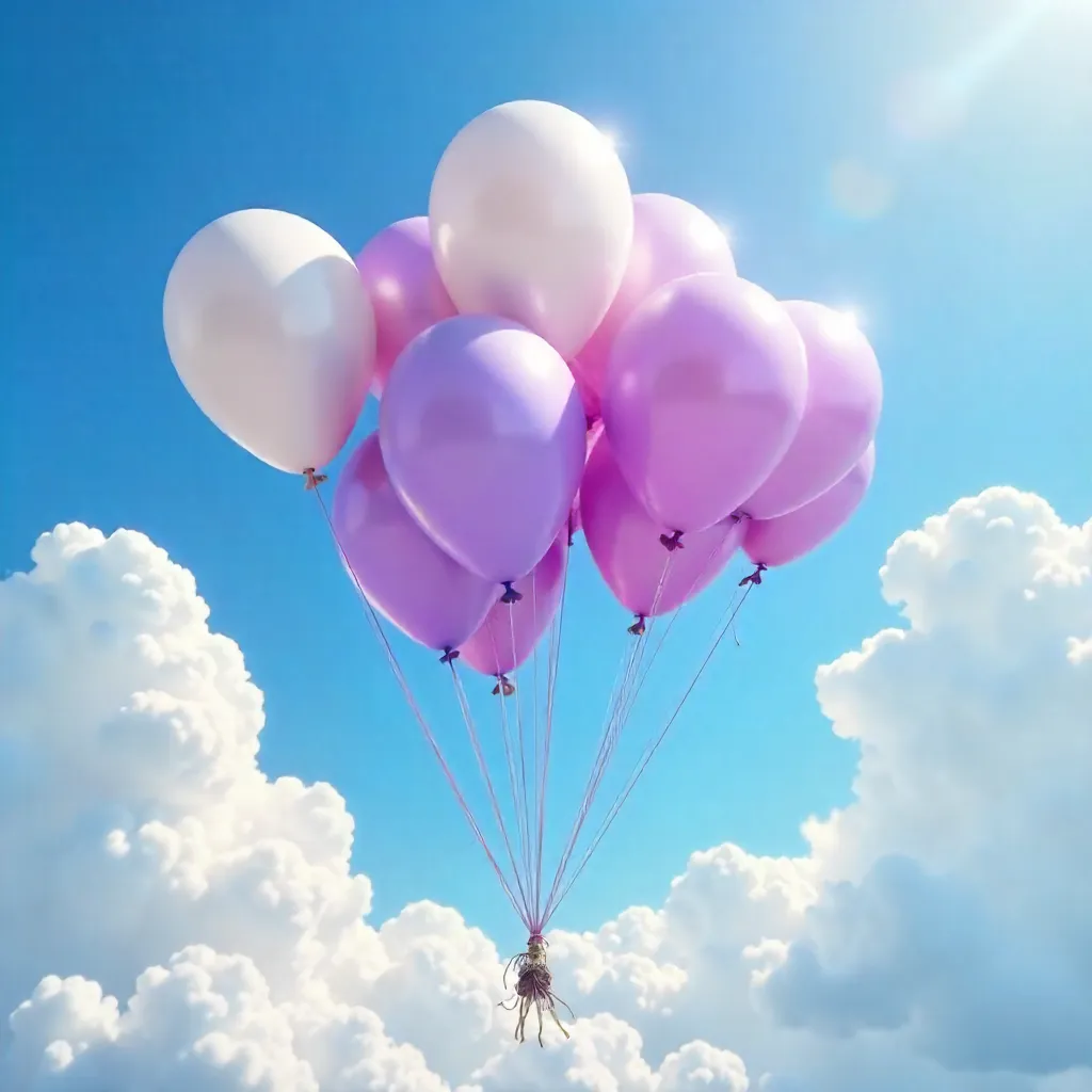 Ascension of White and Purple Balloons into a Sunny Sky