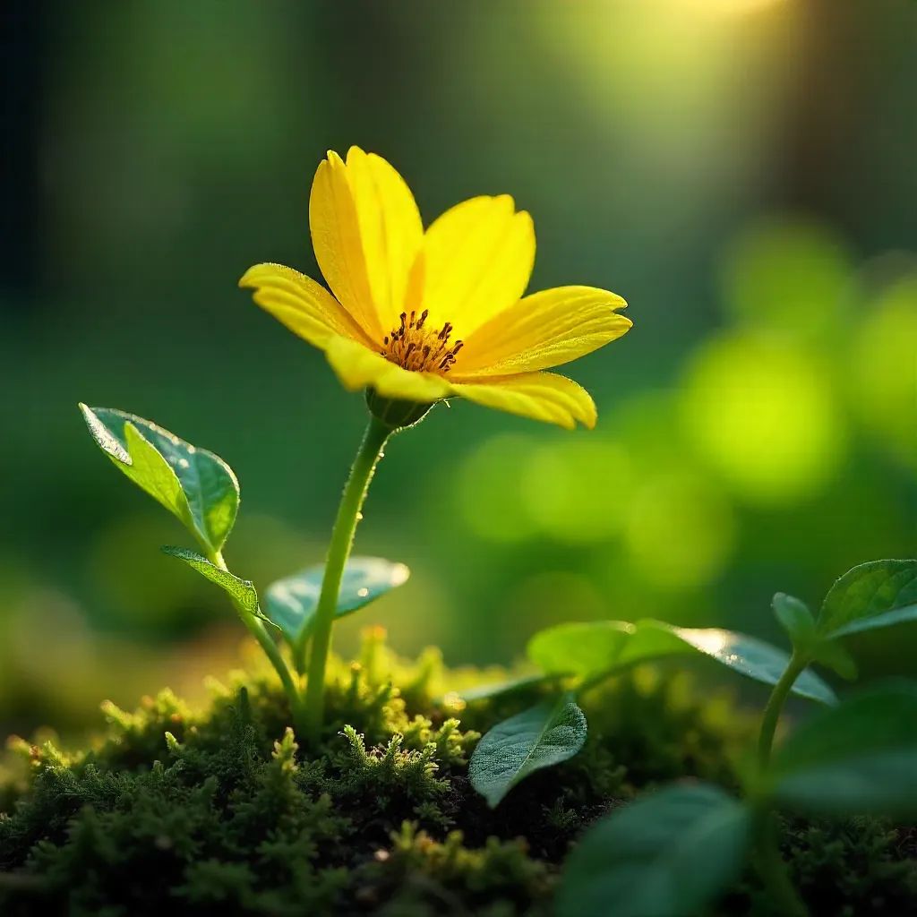 Lone Yellow Flower Among Green Foliage