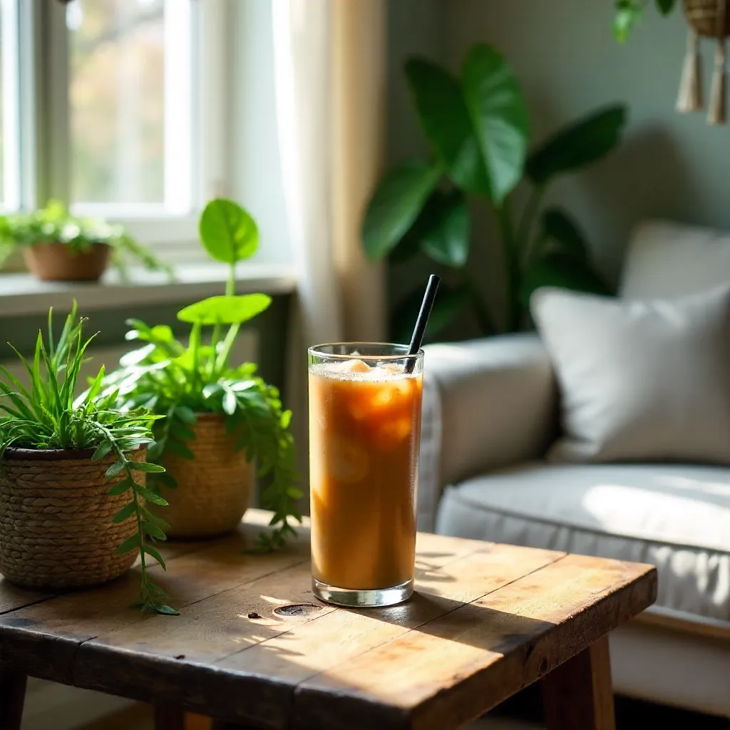 Cozy Indoor Oasis with Iced Coffee and Lush Plants