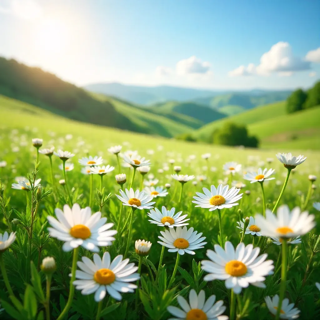 Sunlit Field of Blooming White Daisies