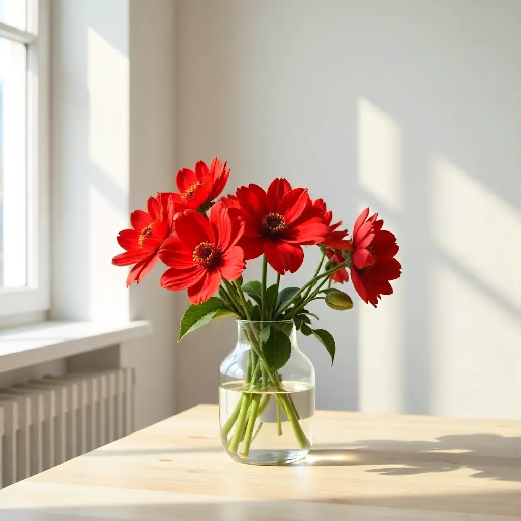 Minimalist Indoor Scene: Red Flowers on a Table