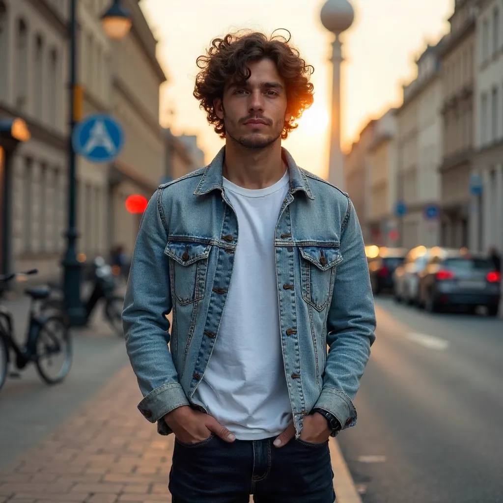 Curly-Haired Young Man Posing Outdoors in Berlin