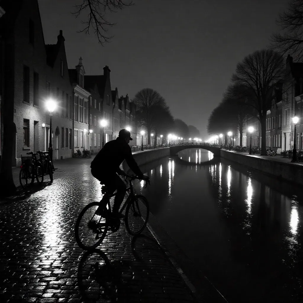 Night Ride Through Bruges: Blurred Bicycle in Black and White