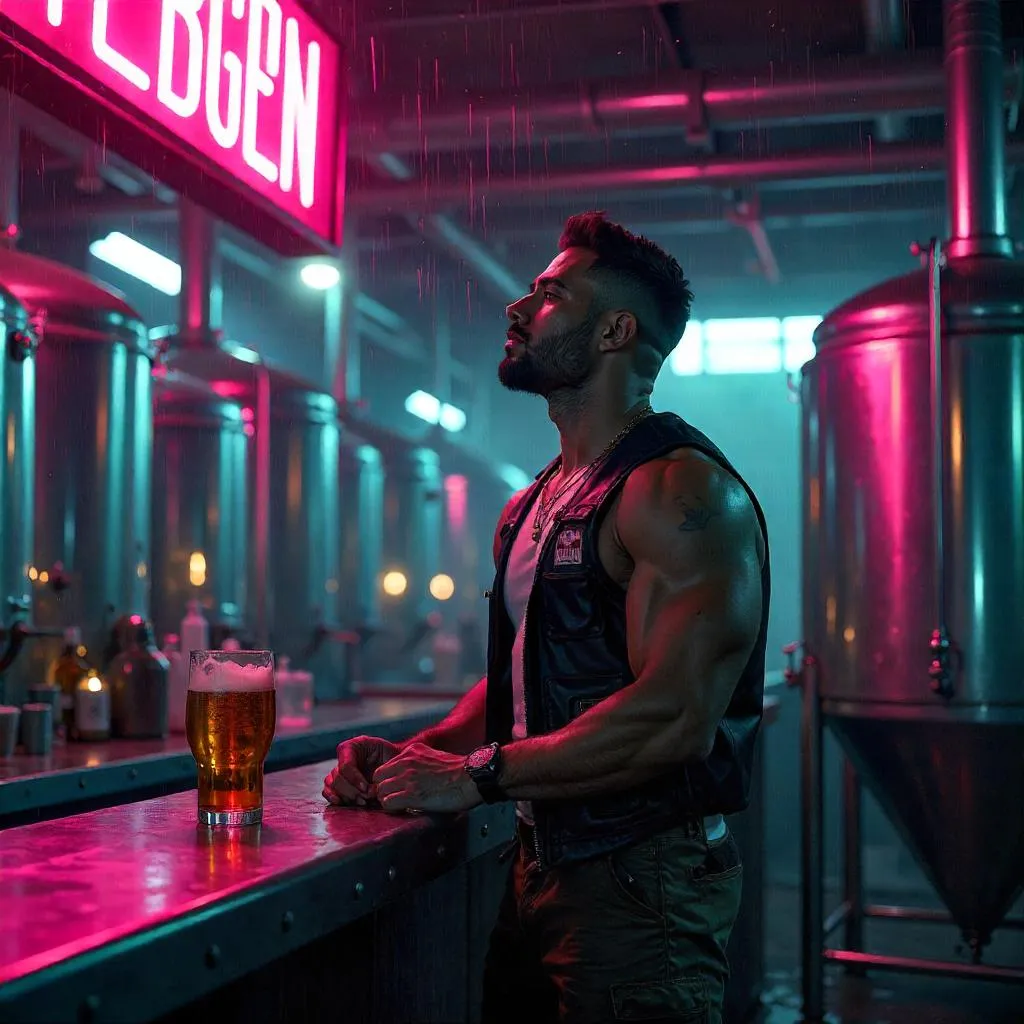 Neon Brew: Athletic Latino in a Cyberpunk Brewery
