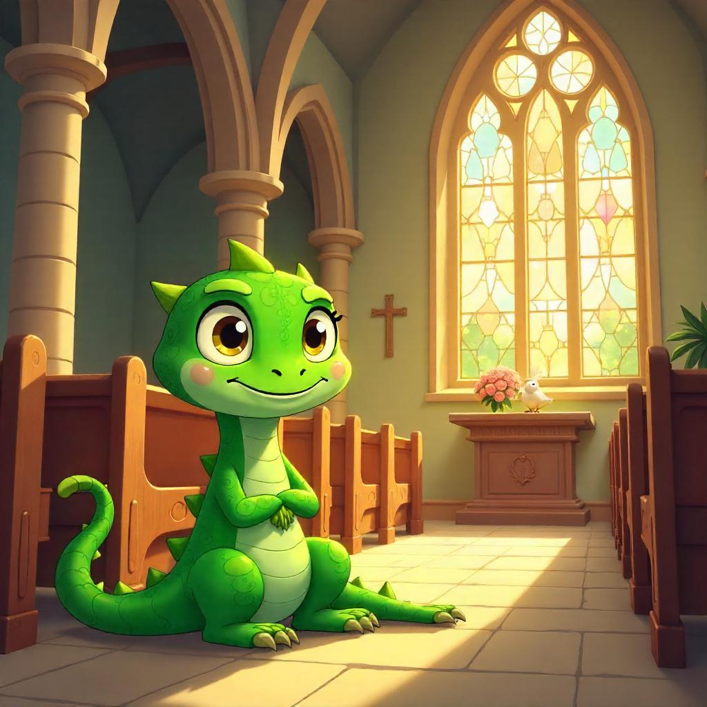 Cartoon Basilisk in a Quiet Chapel