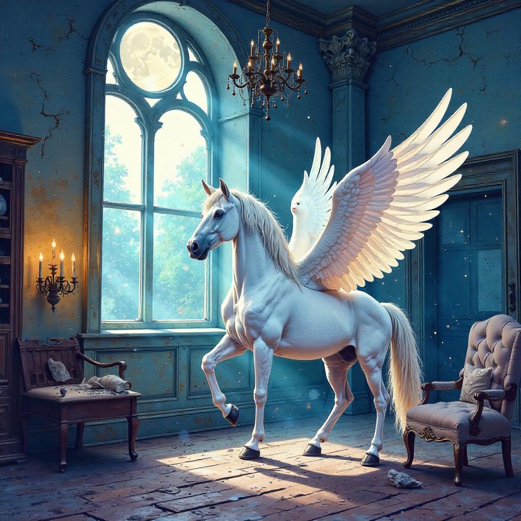 Watercolor Pegasus in a Haunted House