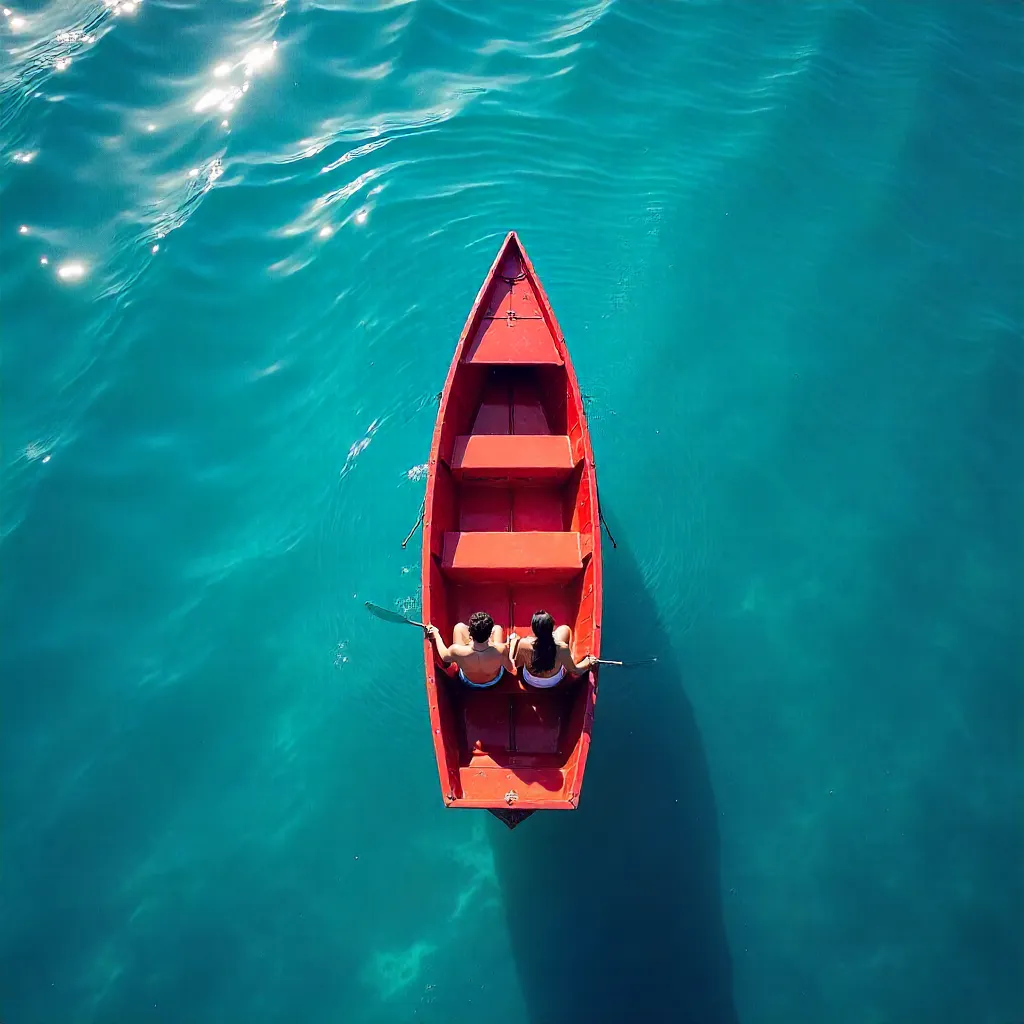 Aerial View: Two in a Red Boat on Blue Water