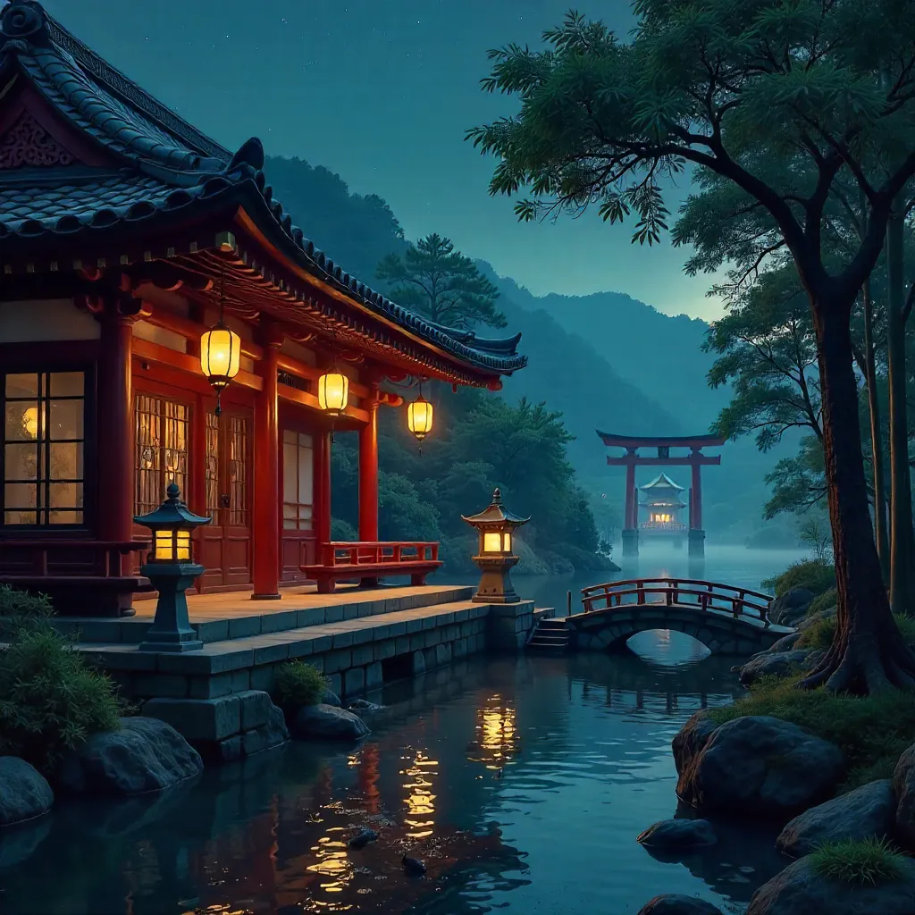 Lantern-lit Kyoto Temple at Night