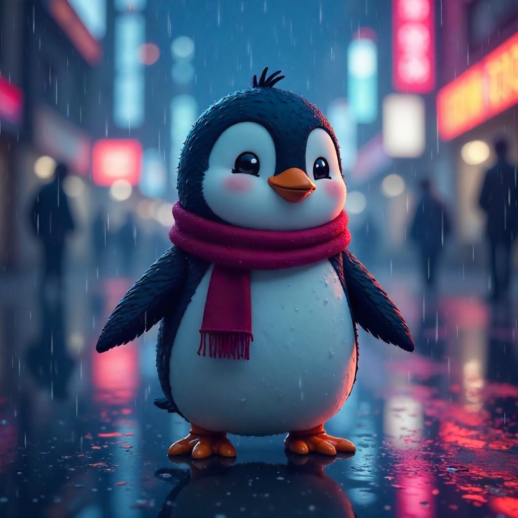 Anime Penguin in a Torrential Rain