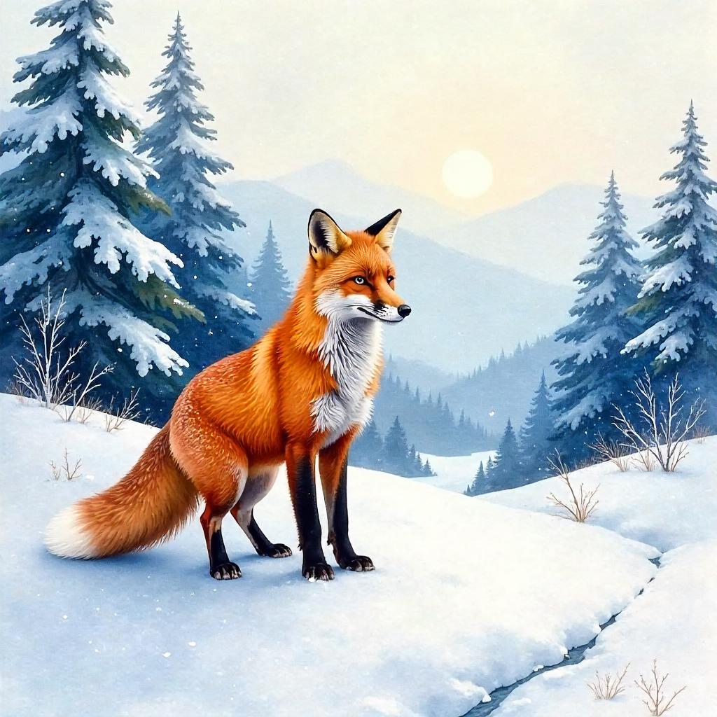 Snowy Watercolor Fox in a Tranquil Landscape