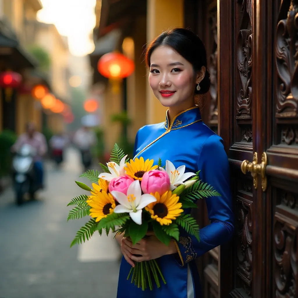 Ao Dai by an Ornate Hanoi Wooden Door