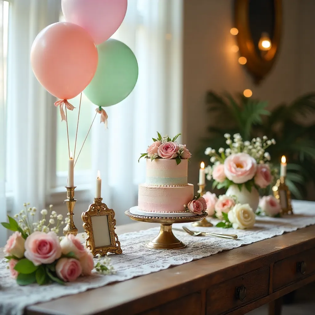 Pastel Vintage Party Setup with Cake and Balloons