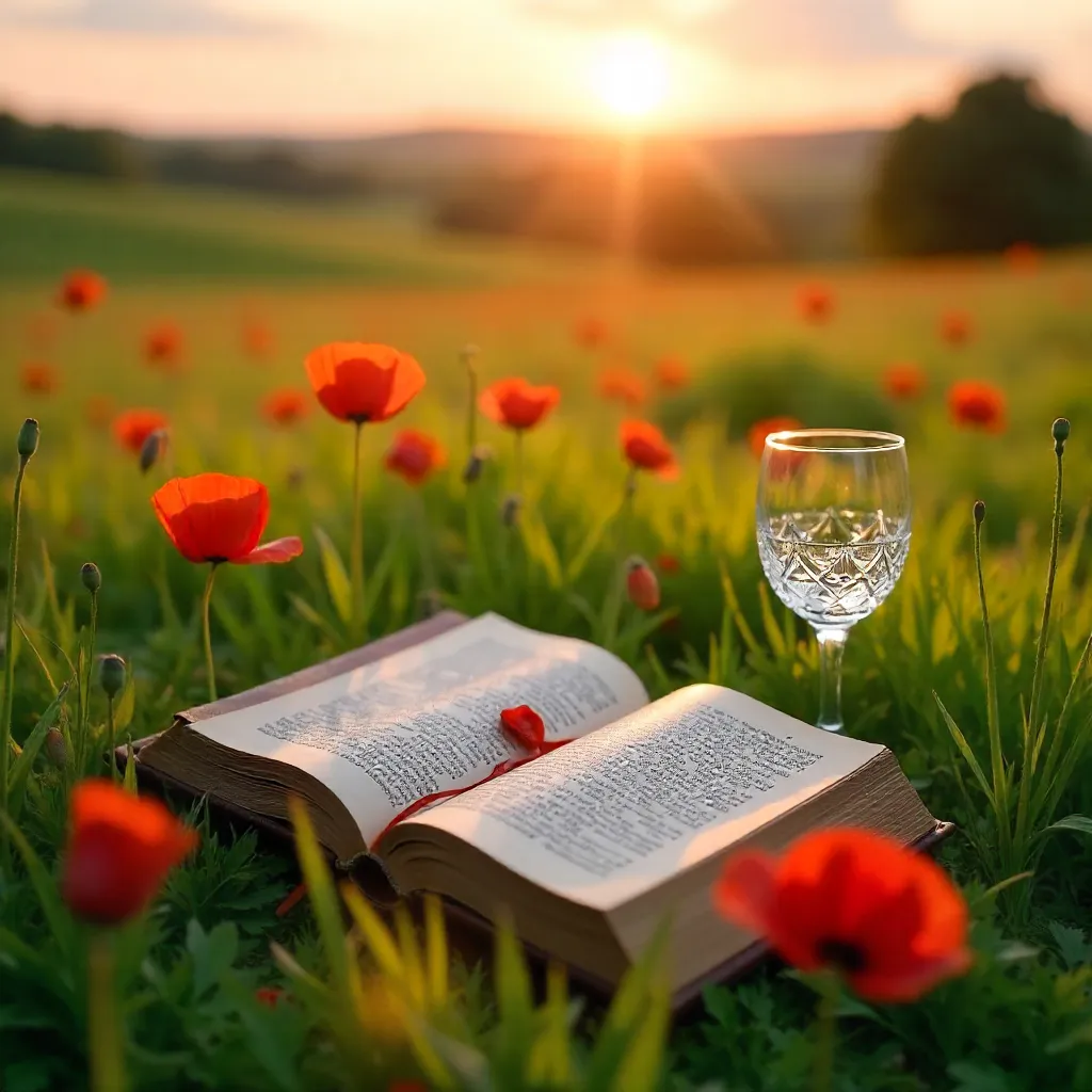 Romantic Meadow Scene: Open Book, Wine Glass, Poppies