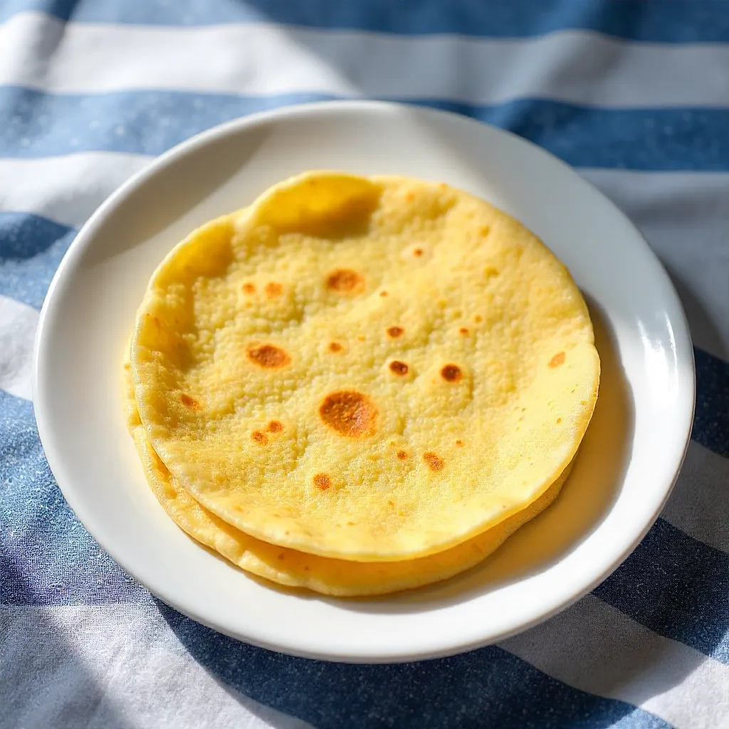 Two Corn Tortillas on a White Plate with Striped Textile