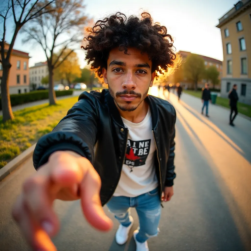 Outdoors Fisheye Fashion Portrait: Curly-Haired Man