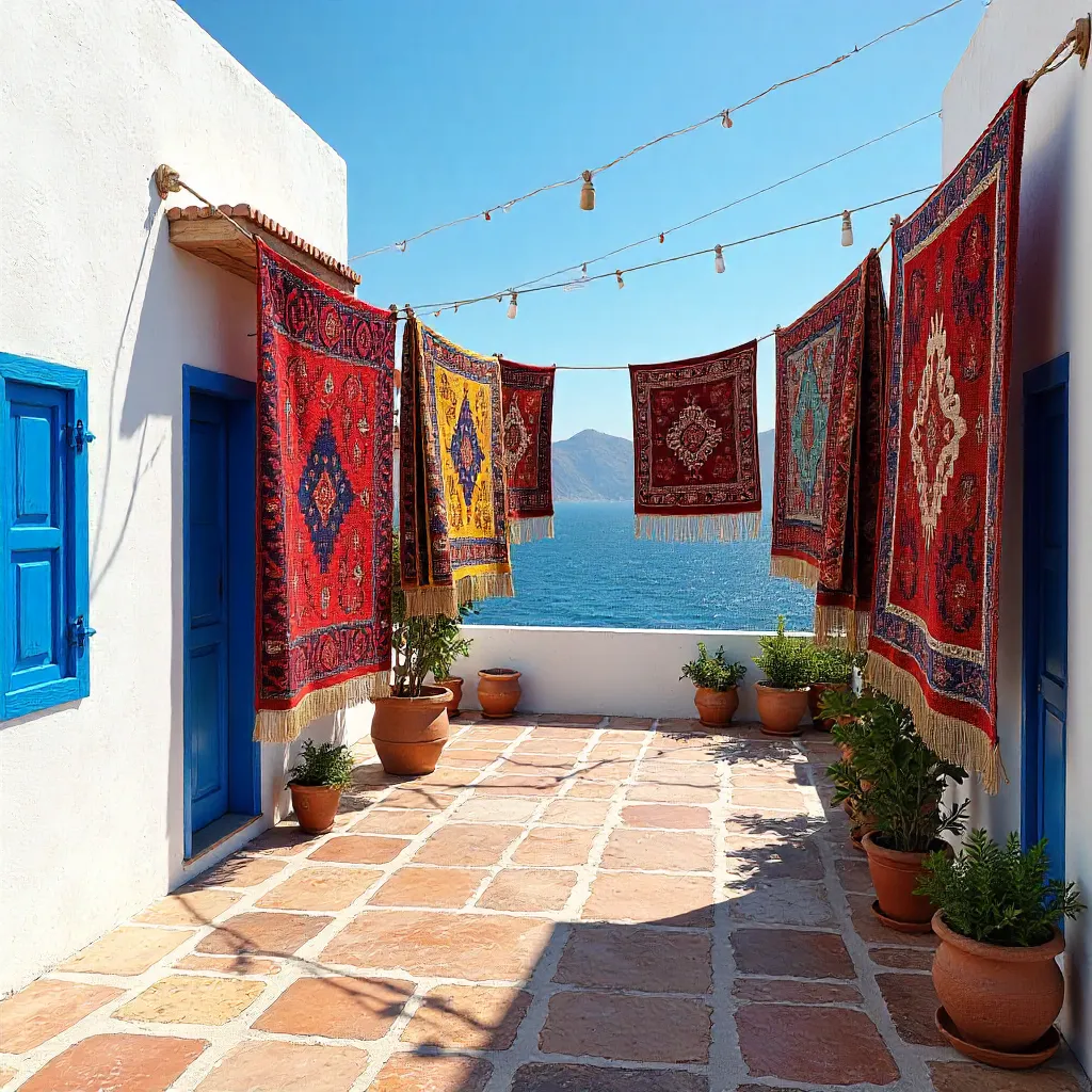 Colorful Moroccan Carpets Drying on an Asilah Rooftop