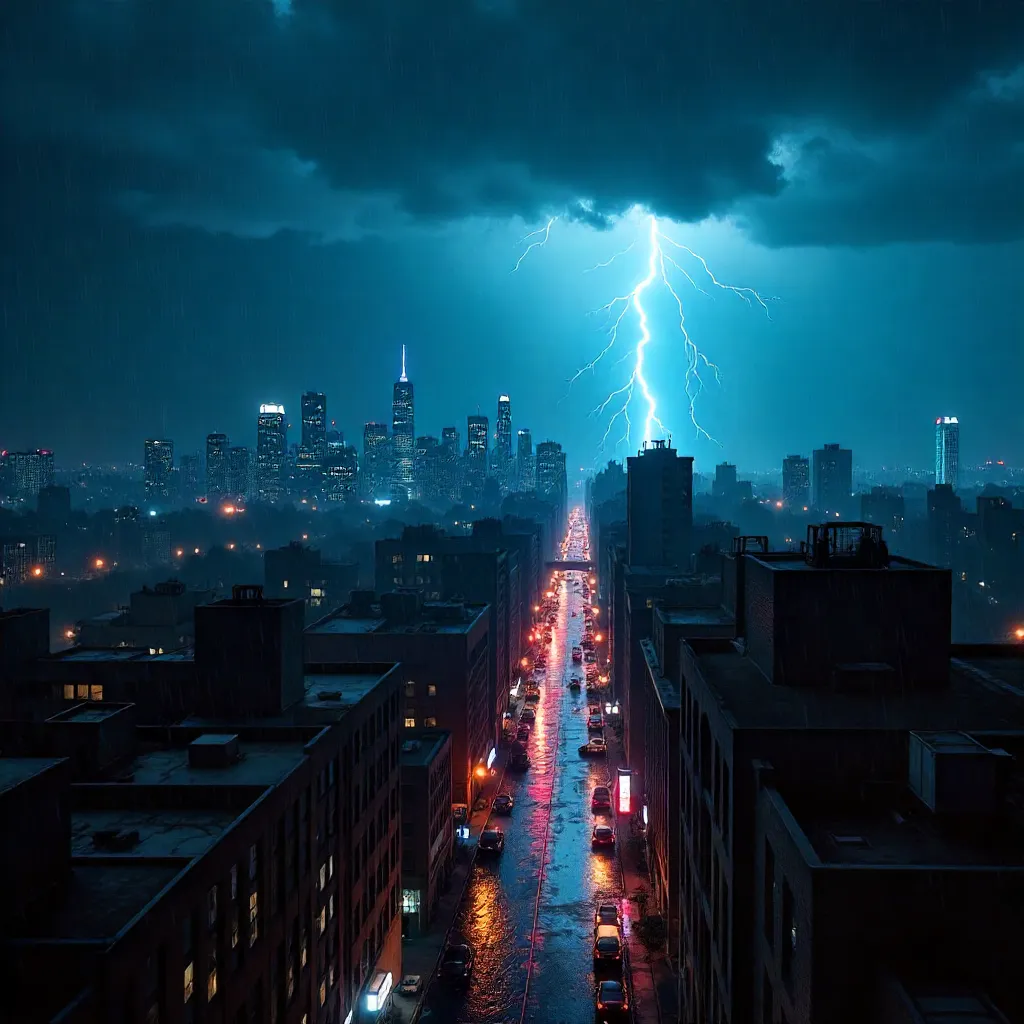Lightning Over Silhouetted Cityscape