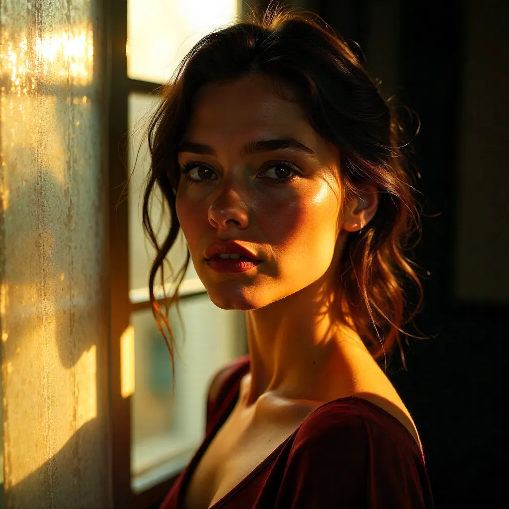 Sunlit Glass Portrait: Shadows on Her Face