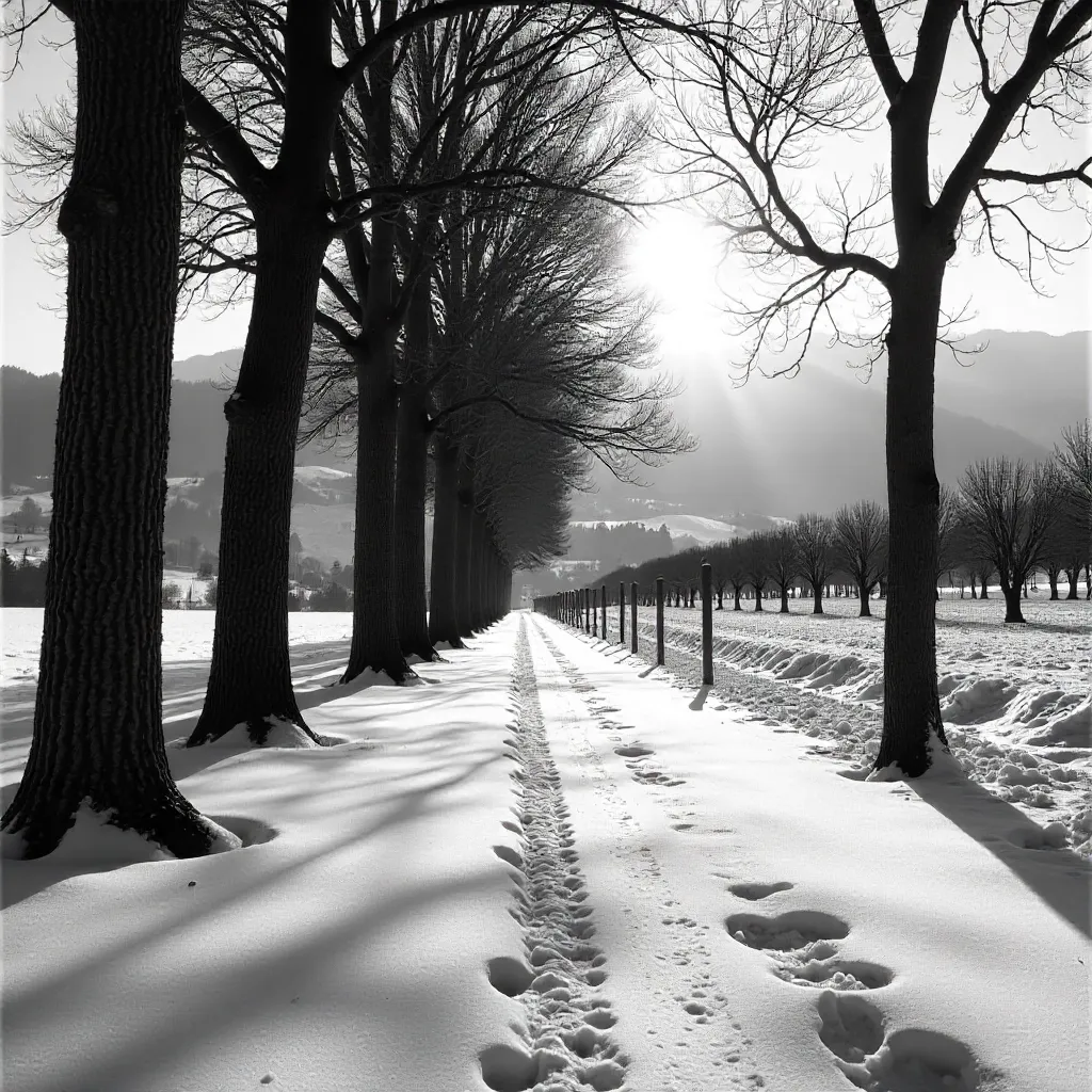 Shadows on Snow in a Tuscan Forest Monochrome