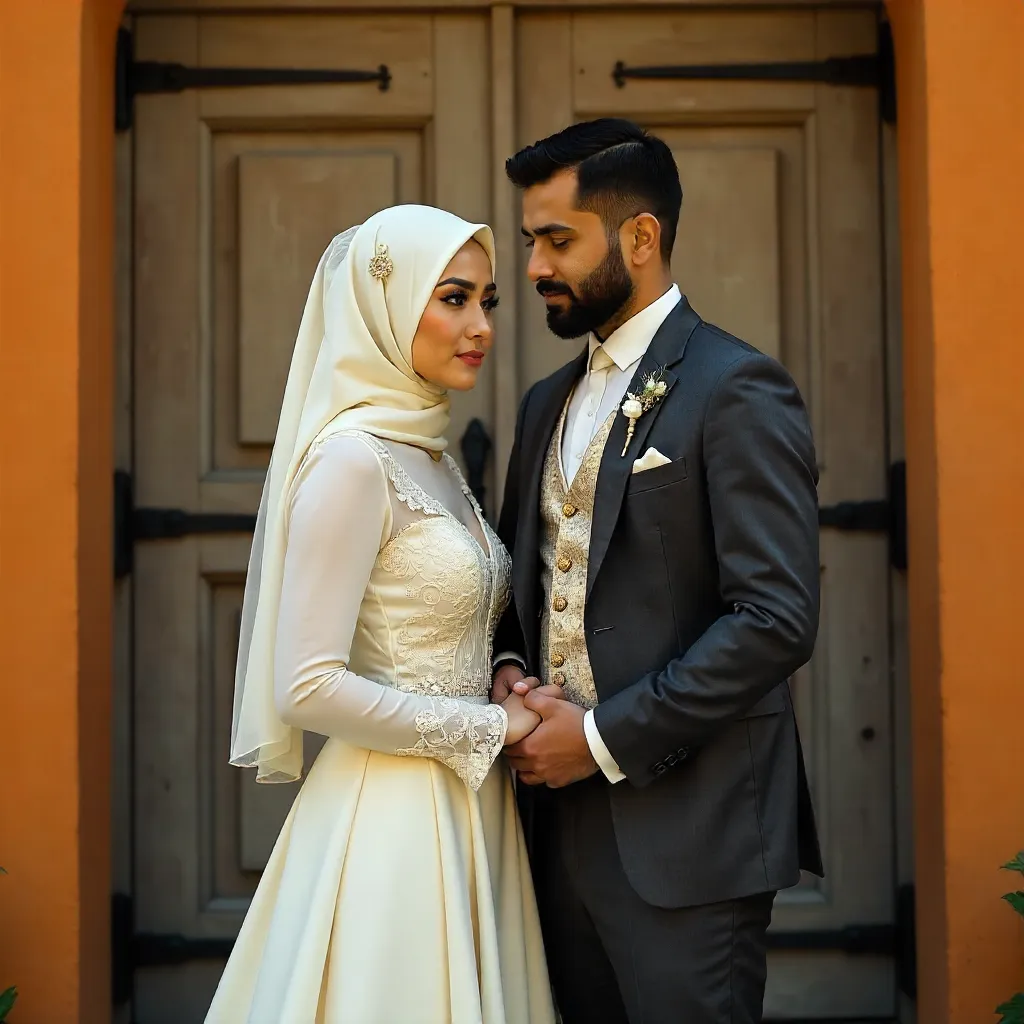 Elegant Muslim Couple at Rustic Door with Orange Backdrop