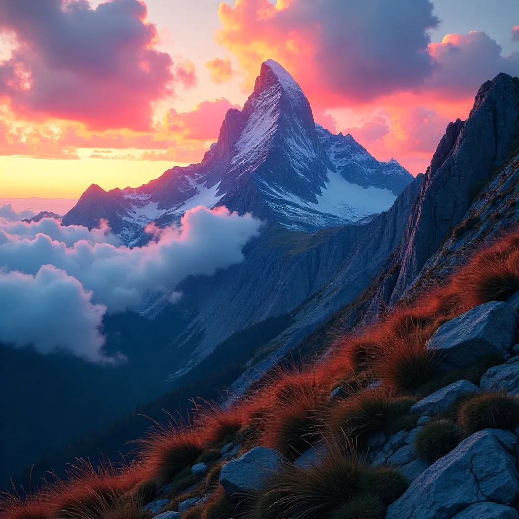 Sunset Summit Over Rugged Mountain Peaks