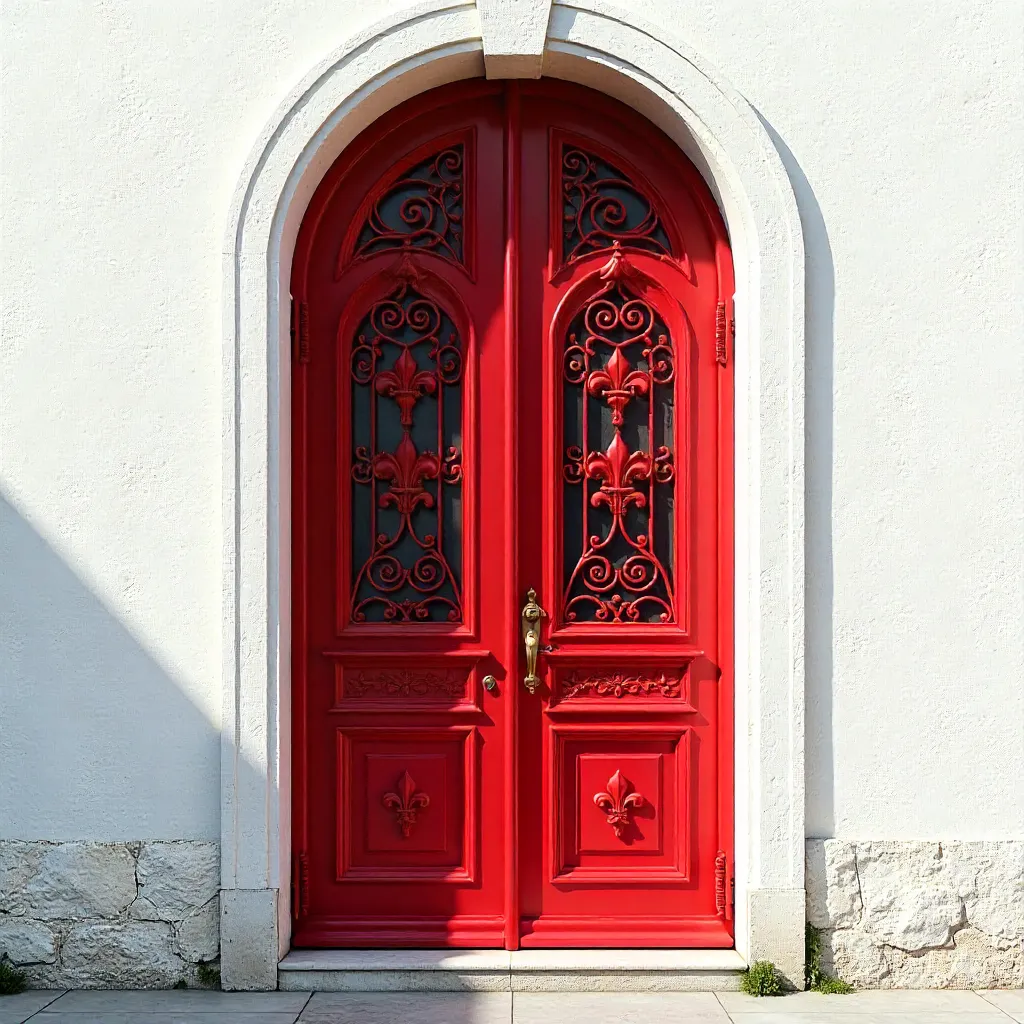 Striking Red Wrought-Iron Door on White Textured Wall