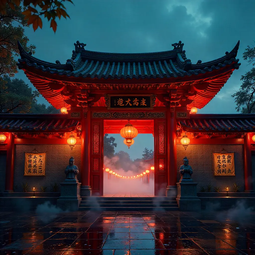 Night-lit Traditional Asian Temple Entrance