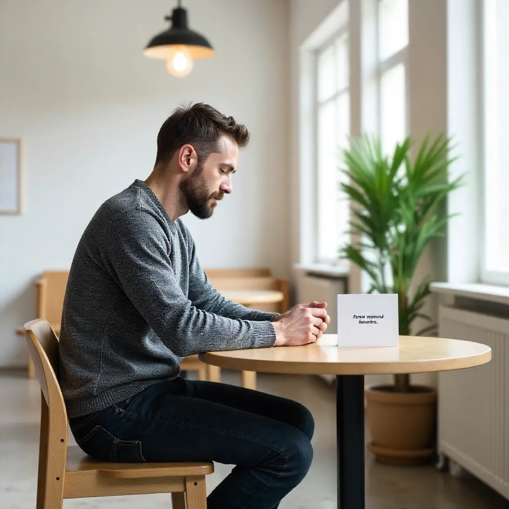 Minimalist Cafe Moment: Man Reading Sign