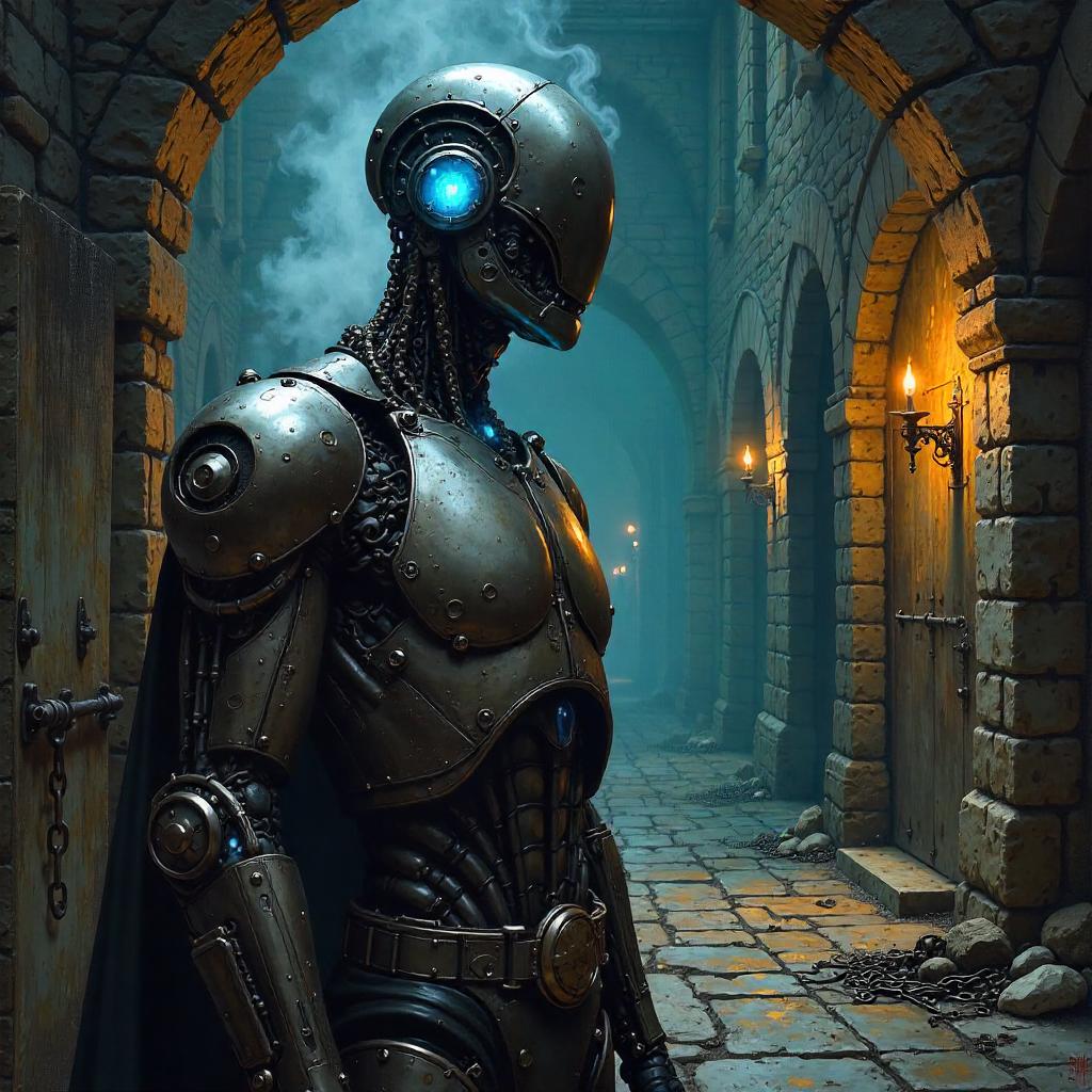 Cyborg in a Castle Dungeon: An Oil Painting