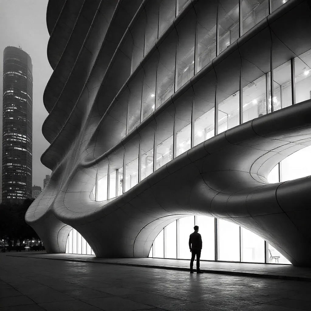 Monochrome Wave Facade with Balcony Figure