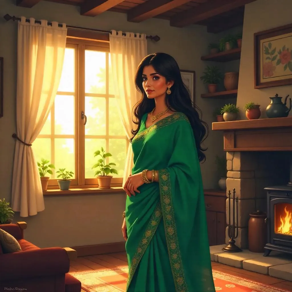 Emerald Saree in a Cozy Cottage — Anime Portrait