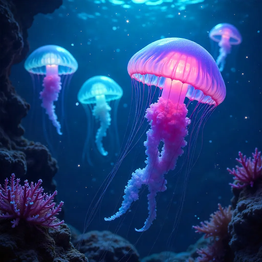 Bioluminescent Ballet of Elegant Jellyfish