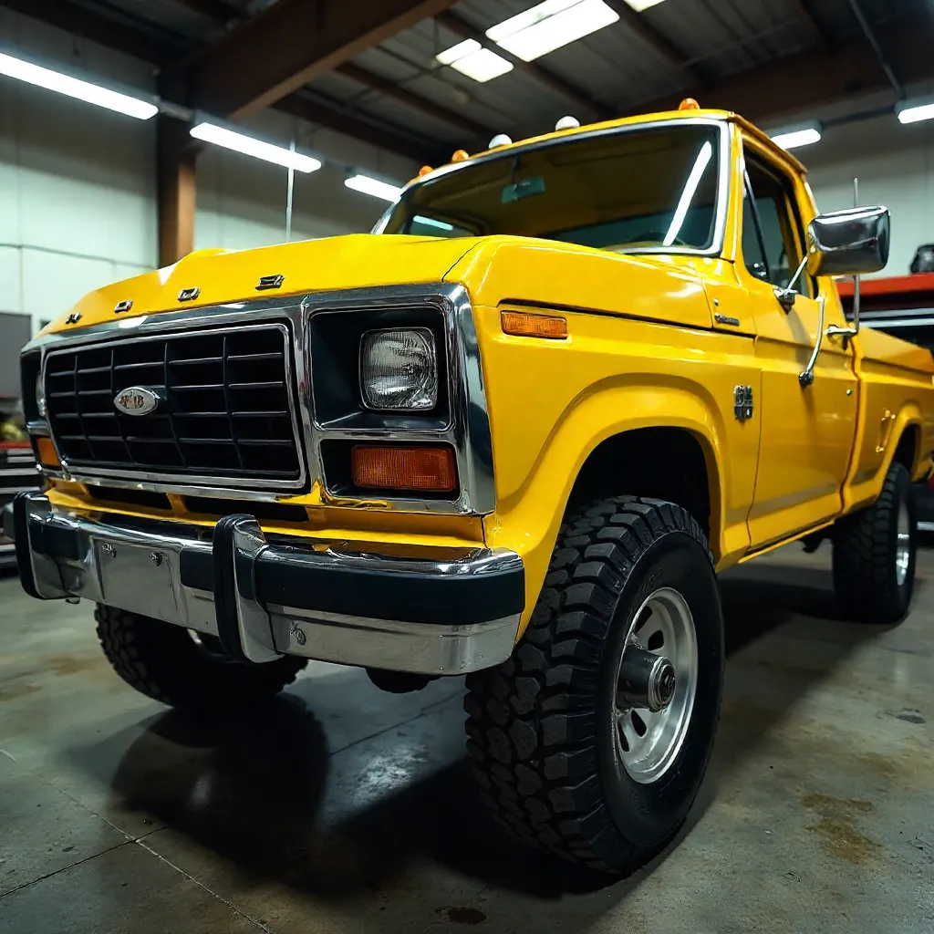Hyper-Detailed Yellow Truck Close-Up in Garage