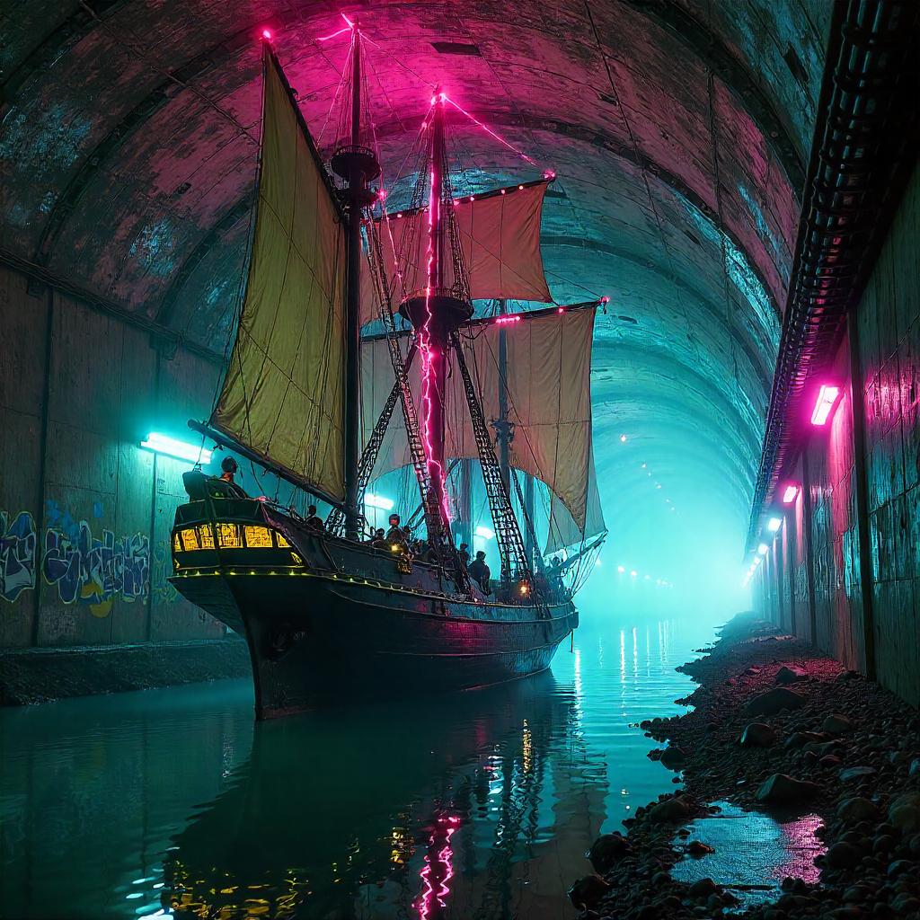 Neon Tide: A Cyberpunk Sailing Ship in the Subway