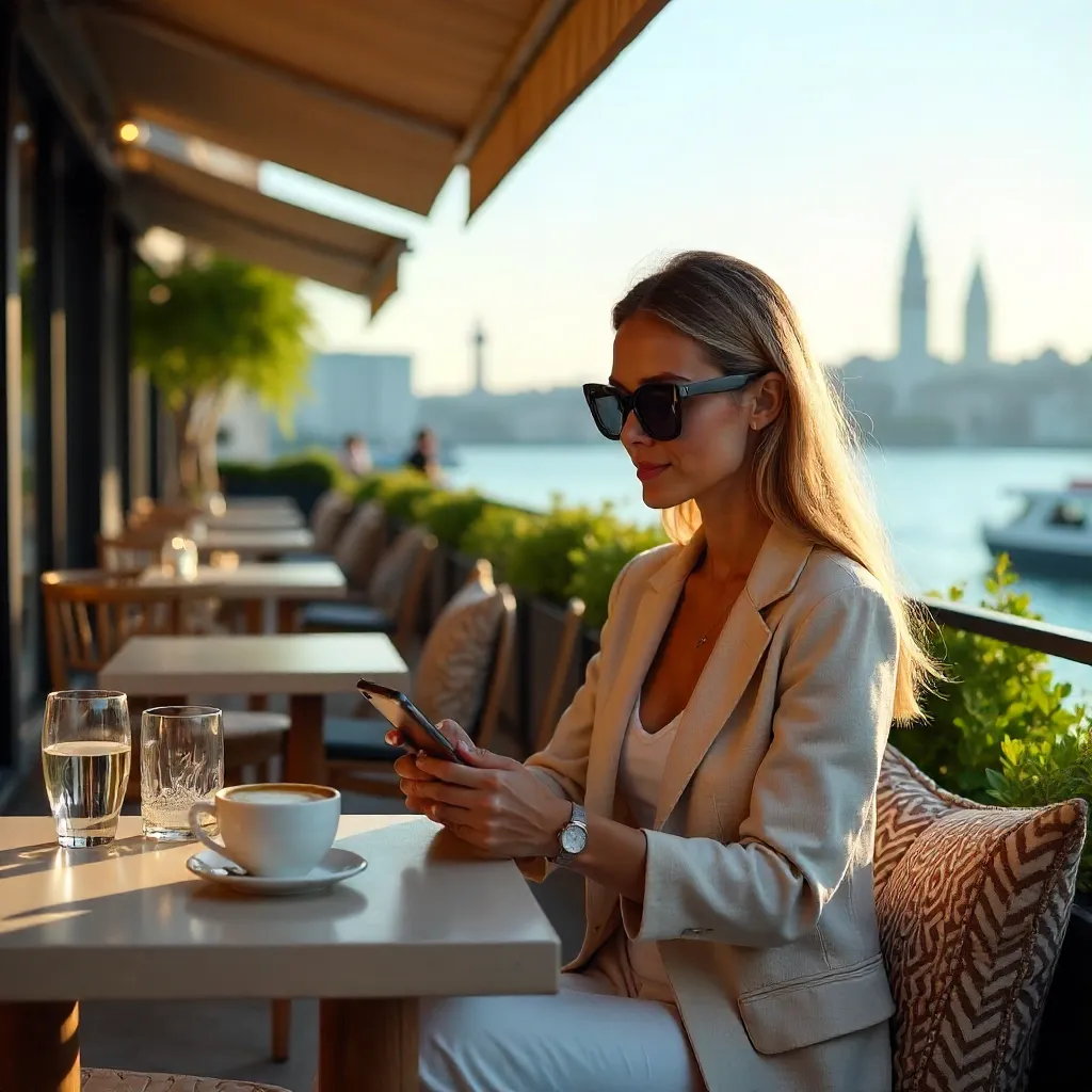 Stylish Woman in Sunglasses at a Trendy Baku Café