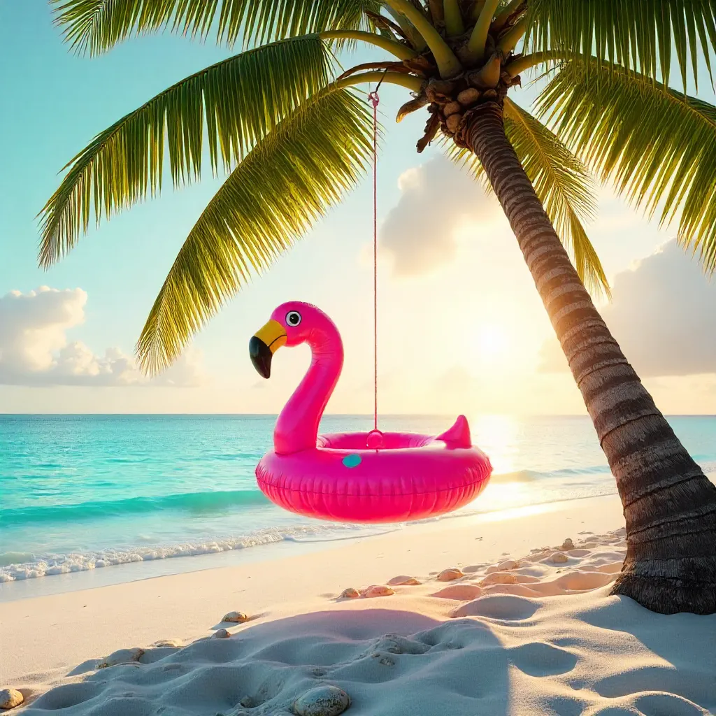 Vibrant Flamingo Inflatable on Tropical Beach
