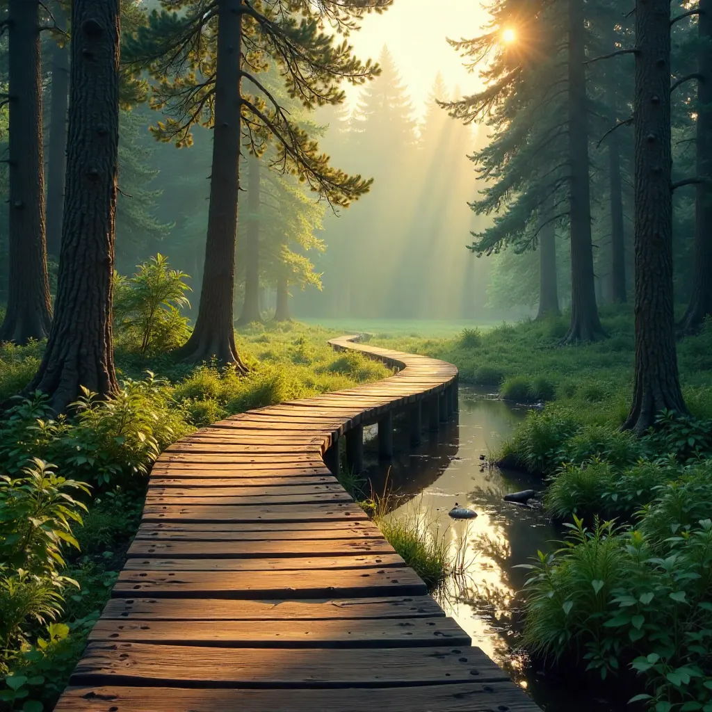 Serene Wooden Boardwalk Through Tranquil Forest