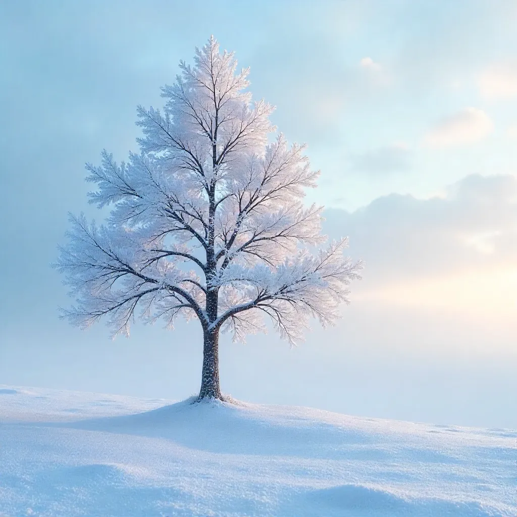 Lone Frosted Tree in a White Winter Scene