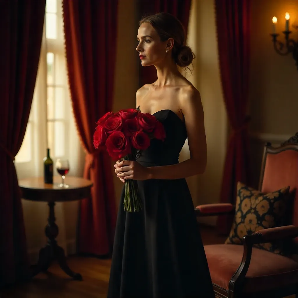 Intimate Portrait: Black Dress with Red Bouquet