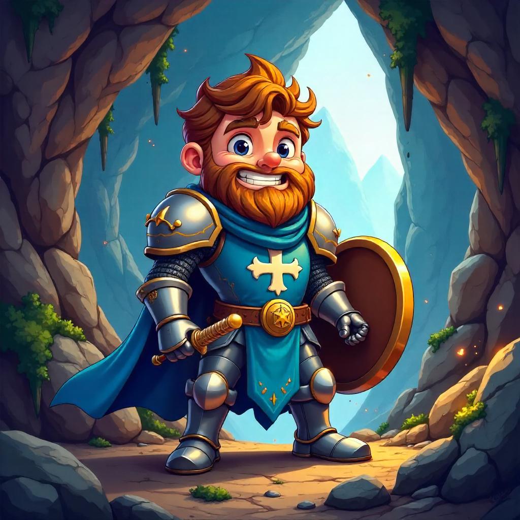 Cartoon Paladin in a Mountain Cave