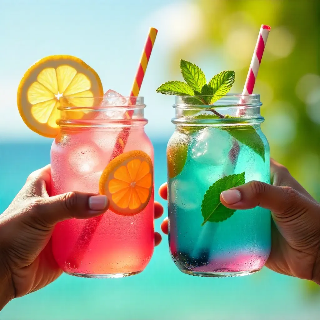 Two Hands Holding Colorful Iced Drinks in Glass Jars