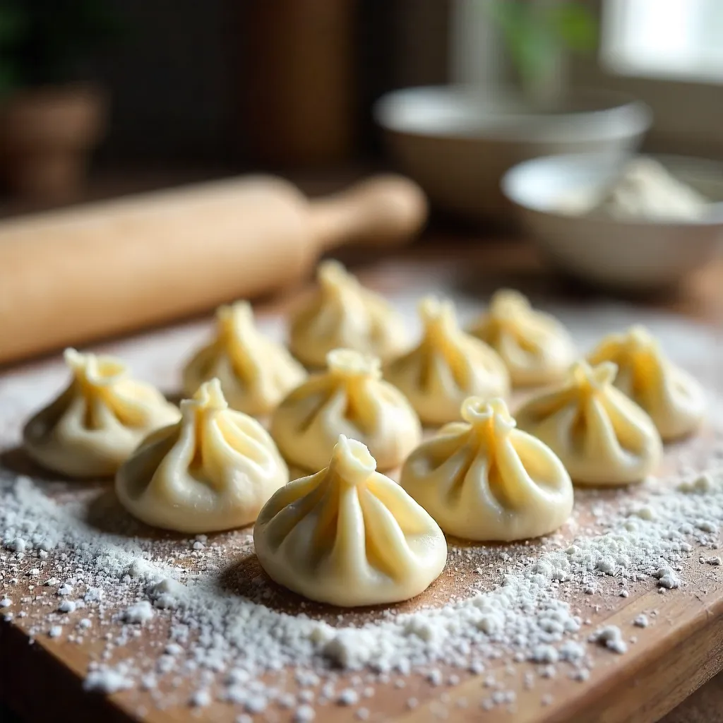 Close-Up Dumplings on a Floured Kitchen Surface