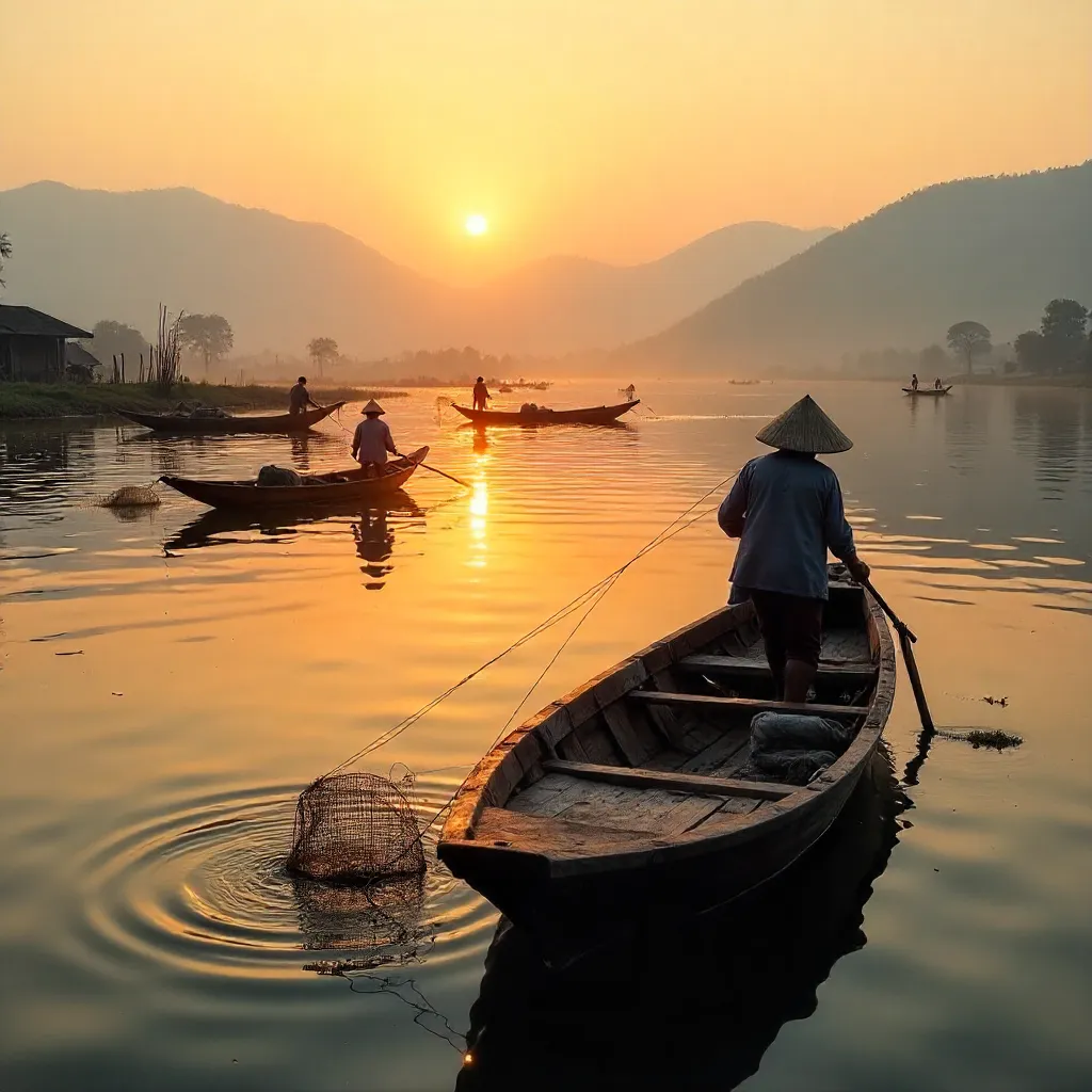 Golden Sunrise over Shan Fishermen on Inle Lake