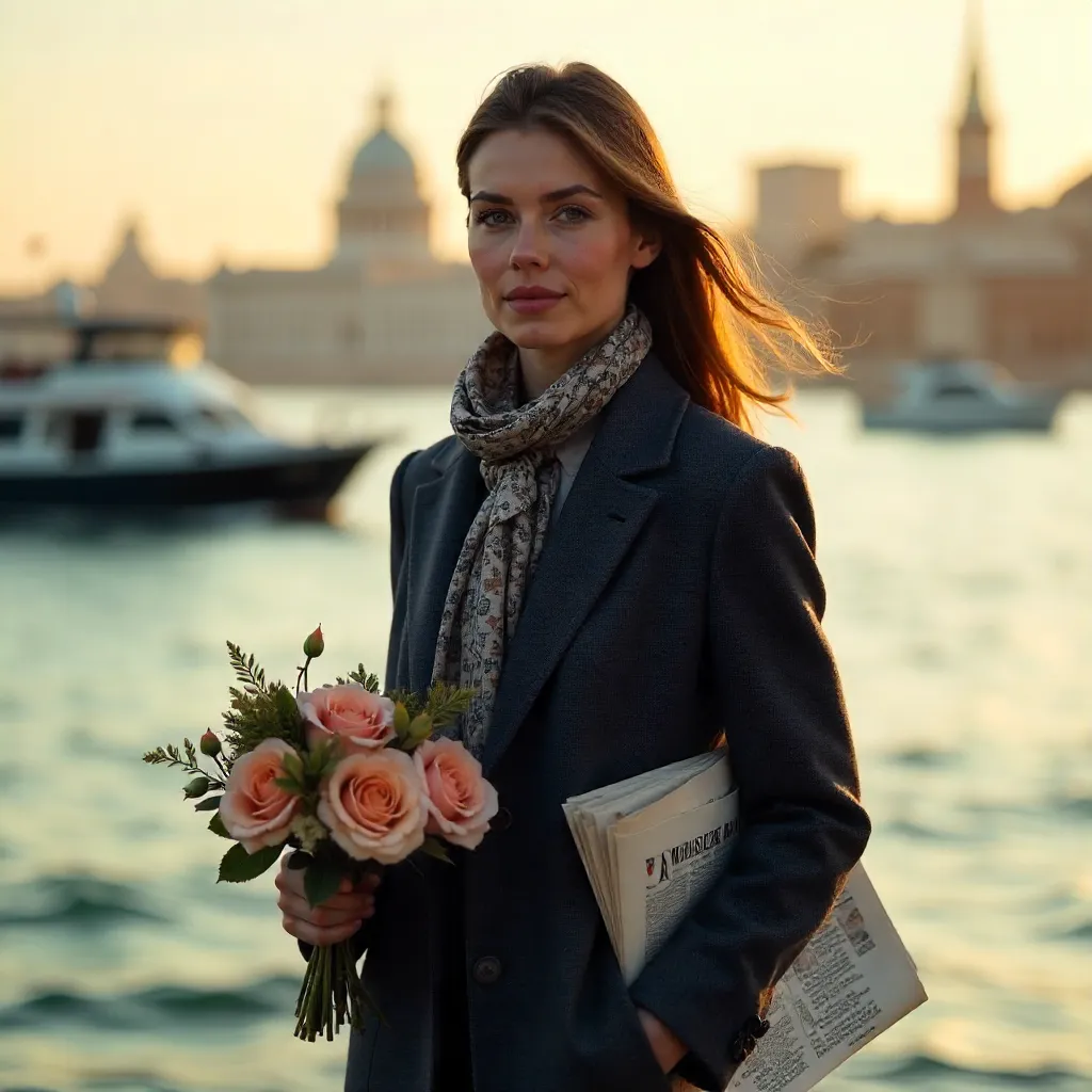 Chic Waterfront Moment: Coat, Scarf, Flowers, Newspaper