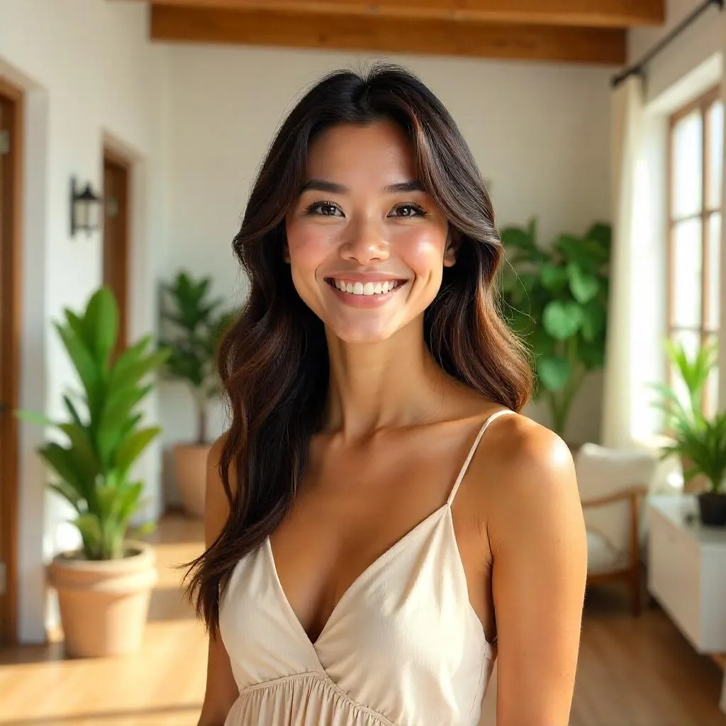 Cheerful Latina Woman in a Sunny Villa