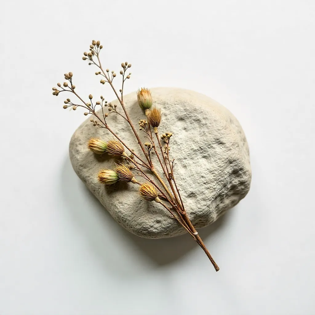Minimal Flat Lay: Rock with Dried Plants