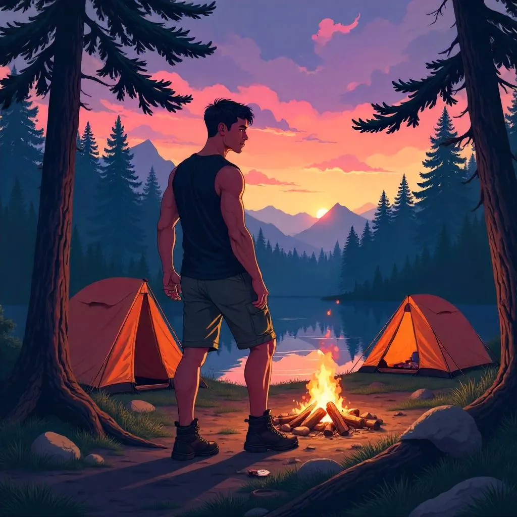 Athletic Asian Man at a Camping Site in Anime Style