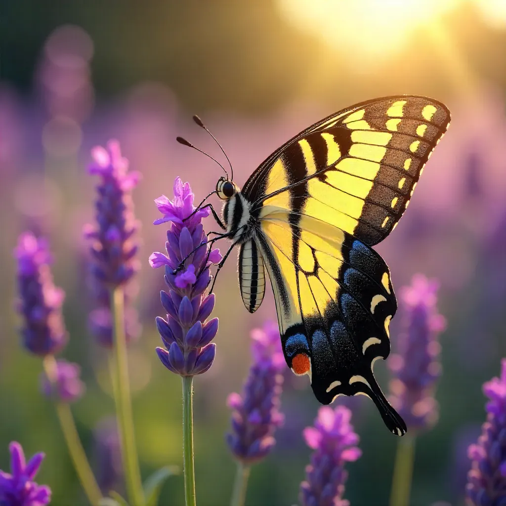 Elegant Swallowtail on Lavender in Sunlit Field